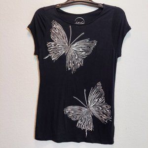 I N C Womens Black Beaded Butterfly Top Size L Pullover Cap Sleeve Boat Neck